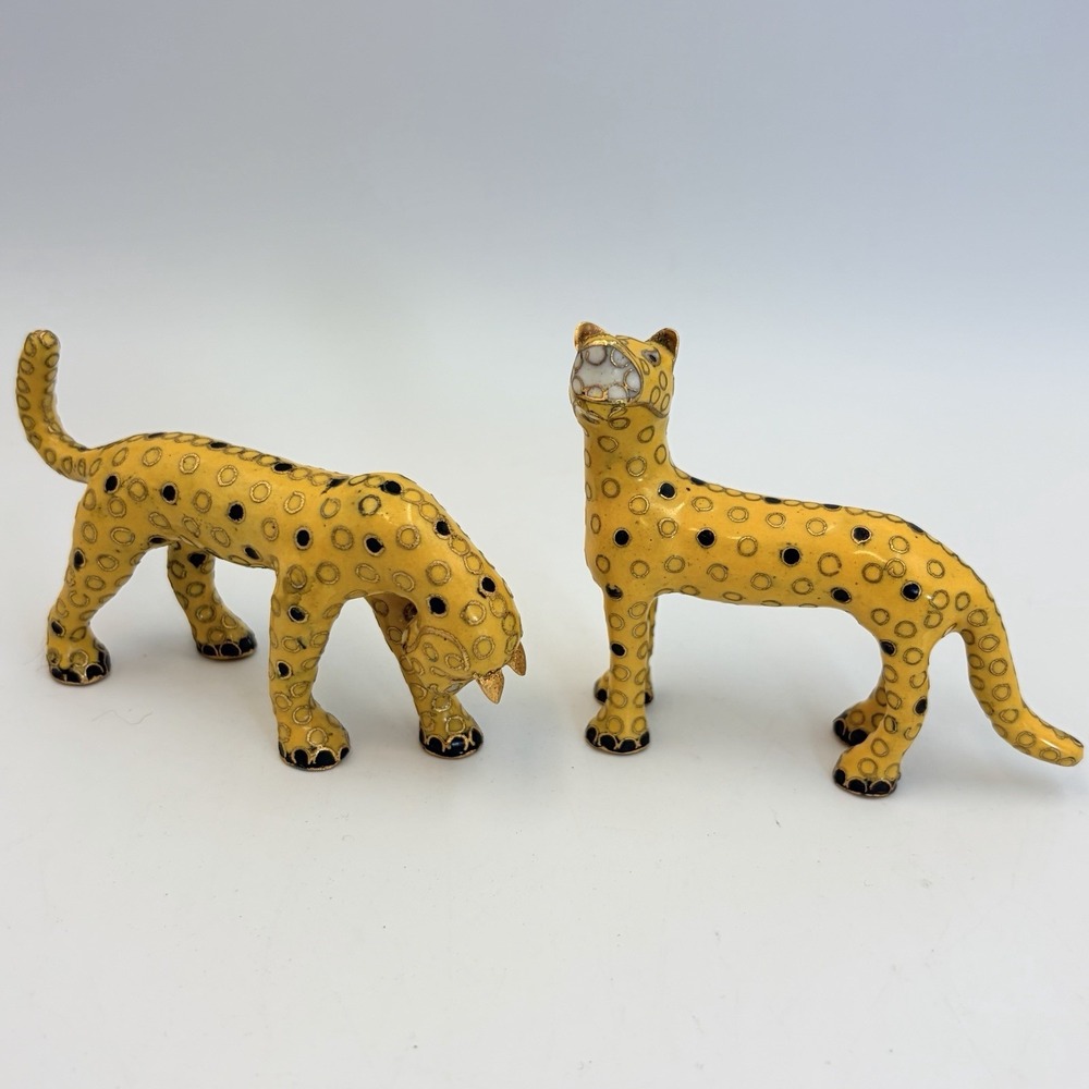 Vintage Cloisonne Cheetah Statues Pair Brass Enamel Spotted Leopard Jungle Decor